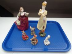 A tray of two bone china lady figures, five small Border Fine Arts figures including squirrel,
