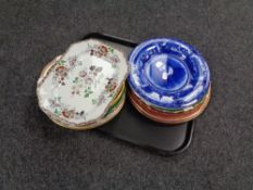 A tray containing antique and later plates to include opaque china Shakespeare plates, Minton,