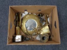 A box of assorted brass ware, companion pieces, porthole mirror,
