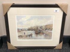 After Tom MacDonald : Seahouses, reproduction in colours, signed in pencil, 21 cm by 30 cm, framed.