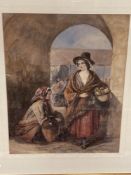 Twentieth century school : Figures beneath an archway, watercolour, 45 cm x 57 cm, framed.