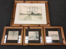 Four pine framed landscape scene prints (4)