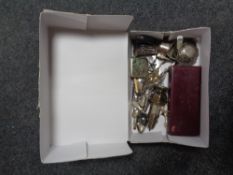 A box of assorted silver and plated wares including pierced silver bowl,