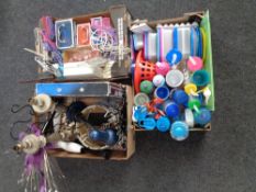Three boxes of children's drinking bottles and storage jars, table lamps, cash box,