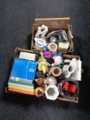 Two boxes containing miscellania to include wall canvases, clown figures, teapots,