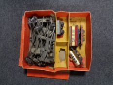 Two boxes containing Hornby tin plate rolling stock and track.
