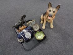 A tray of mid 20th century mantel clocks, retro style telephone, figure of an Alsatian,