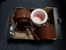 A box of enamelled kettle and lidded sauce pans,
