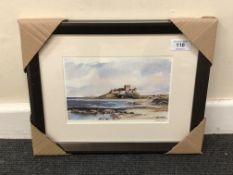After Tom MacDonald : Bamburgh Castle from the beach, reproduction in colours, signed in pencil,