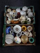 Two boxes containing assorted china to include figures, Japanese eggshell tea service,