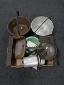 A box of assorted kitchenalia, vintage scales with weights,