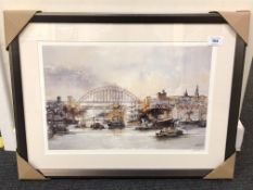 After Tom MacDonald : Shipping on the Tyne, reproduction in colours, signed in pencil,