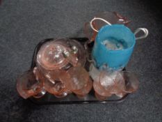 A tray containing glassware to include pair of 19th century etched glass beakers,