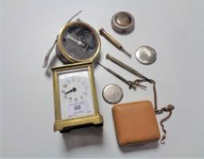 An antique French carriage clock, three watch tools, Europa travel clock etc.