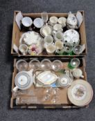 Two boxes containing miscellaneous glassware, part Wedgwood dinner services, tea china,