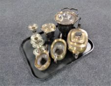 A tray of plated wares, pair of candlesticks,