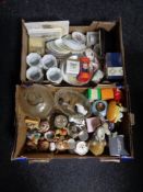 A 19th century blue and white willow patterned meat plate together with two boxes containing