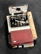 A tray of assorted boxed cutlery sets, crested spoons,