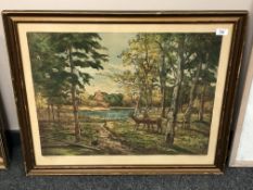 Continental School : Two deer amongst trees, colour print, indistinctly signed in pencil,