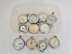 Ten chrome plated pocket watches by Smiths, Ingersoll, Helvetia and a stop watch.