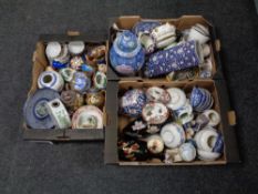 Three boxes of china, Oriental tea ware, vases,