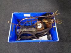 A box of miscellania to include leather riding crop, fly swish, composite antler,