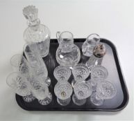 A tray containing cut glass and lead crystal drinking glasses to include Stewart crystal, decanter,