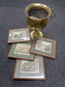 An antique brass planter together with four framed colour etchings to include Hall of the Royal