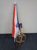 A Nissan Datsun parasol together with a vintage car bottle jack and two vintage tennis rackets