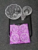 A tray containing assorted glassware to include a boxed set of four Edinburgh Crystal hand cut lead