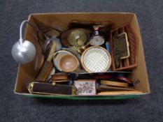 A box of miscellania to include mid 20th century mantel clock, hardwood letter rack,