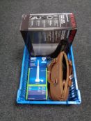 A box containing a Laura Ashley handbag, Oral B toothbrush, Revlon Quick Dry hairdryer (new).