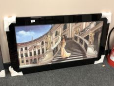 A contemporary picture of a lady in flowing dress walking down stone steps,
