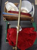 Two boxes containing miscellaneous serving trays, chopping board, enamelled bread bin,