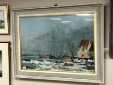 Peter Burman (British, Born 1950) Boats at low tide, oil on board, signed, 73 cm x 53 cm, framed.