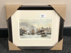 After Tom MacDonald : The Tyne at Newcastle upon Tyne, reproduction in colours, signed in pencil,
