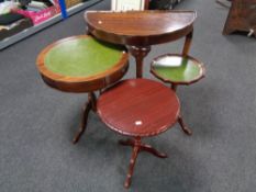 A D-shaped hall table together with three assorted wine tables