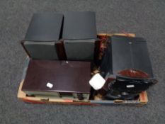 A box containing Grundig micro Hi-Fi system with remote, together with a Bakelite cased pilot radio,