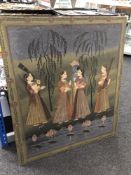 Indian School : Figures by a lotus pond, oil on canvas, 83 cm x 96 cm, framed.