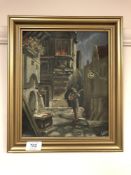 Continental school : Child playing guitar, oil on board, 22 cm x 27 cm, framed.