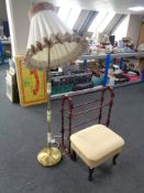 A brass and onyx standard lamp with shade together with a footstool and towel rail