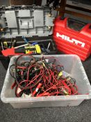 A plastic toolbox containing a large quantity of assorted hand tools, G clamp, socket set etc,