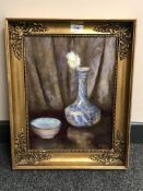 Attributed to Roberto Melli : Stil Life with a White Flower in a Blue and White Vase, oil on panel,