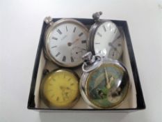 A box containing two silver cased pocket watches together with a German fob watch and a further