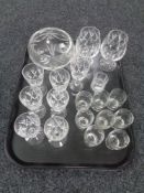 A tray containing assorted glassware to include Stewart crystal brandy glasses and liqueur glasses,
