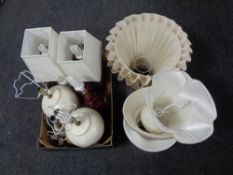 A box containing assorted table lamps with shades.