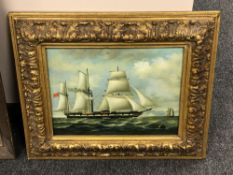 A gilt framed study of a tall masted ship, 39 x 29 cm.