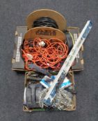 Two boxes containing Christmas lights, extension leads, hand tools, spirit level etc.