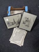 A box containing framed and unfamed maps, black and white prints.