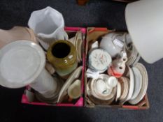 Two boxes of a large quantity of assorted china to include table lamps with shades, dinner ware,